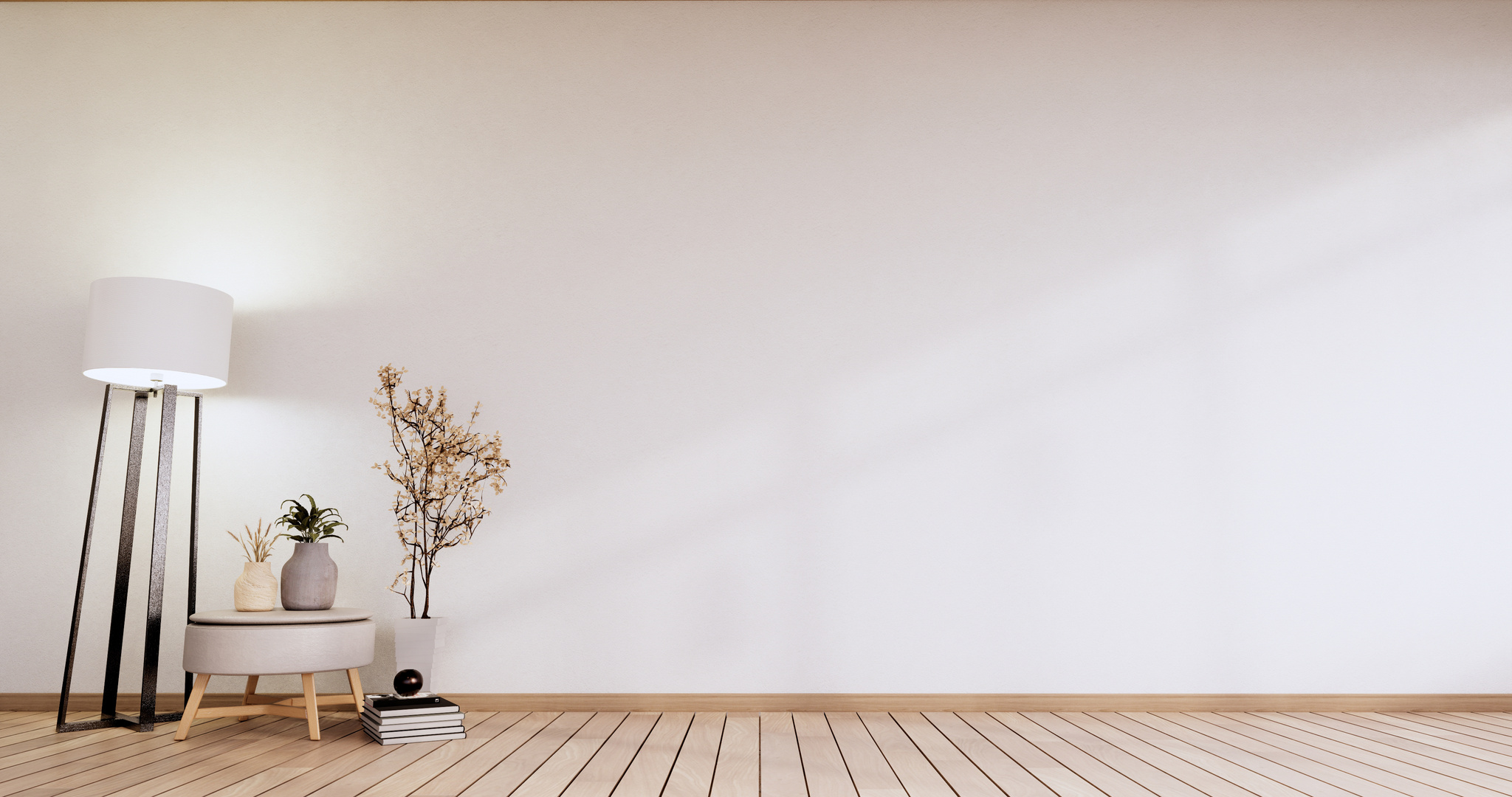 Empty Room - White Wall on Wood Floor Interior and Decorations P